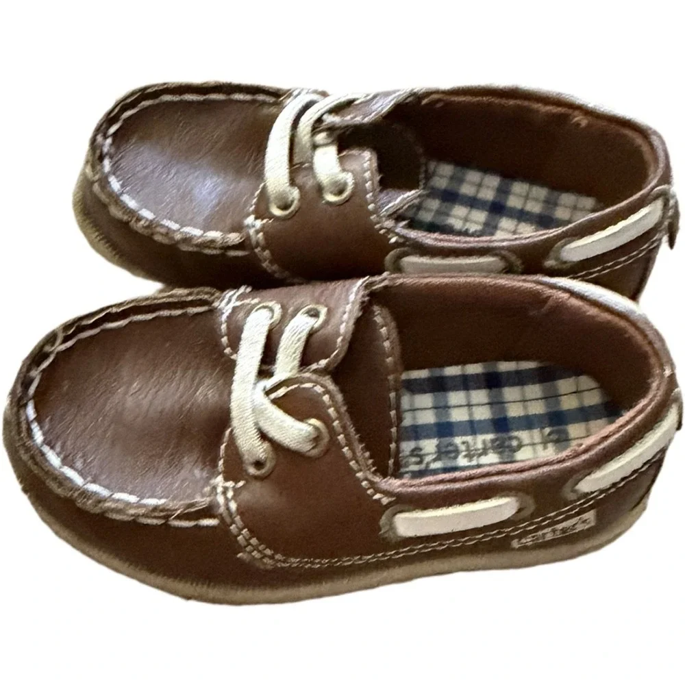 Carter's Toddler Boat Shoes Brown Faux Leather Lace Loafers Size 6 Boys Preppy